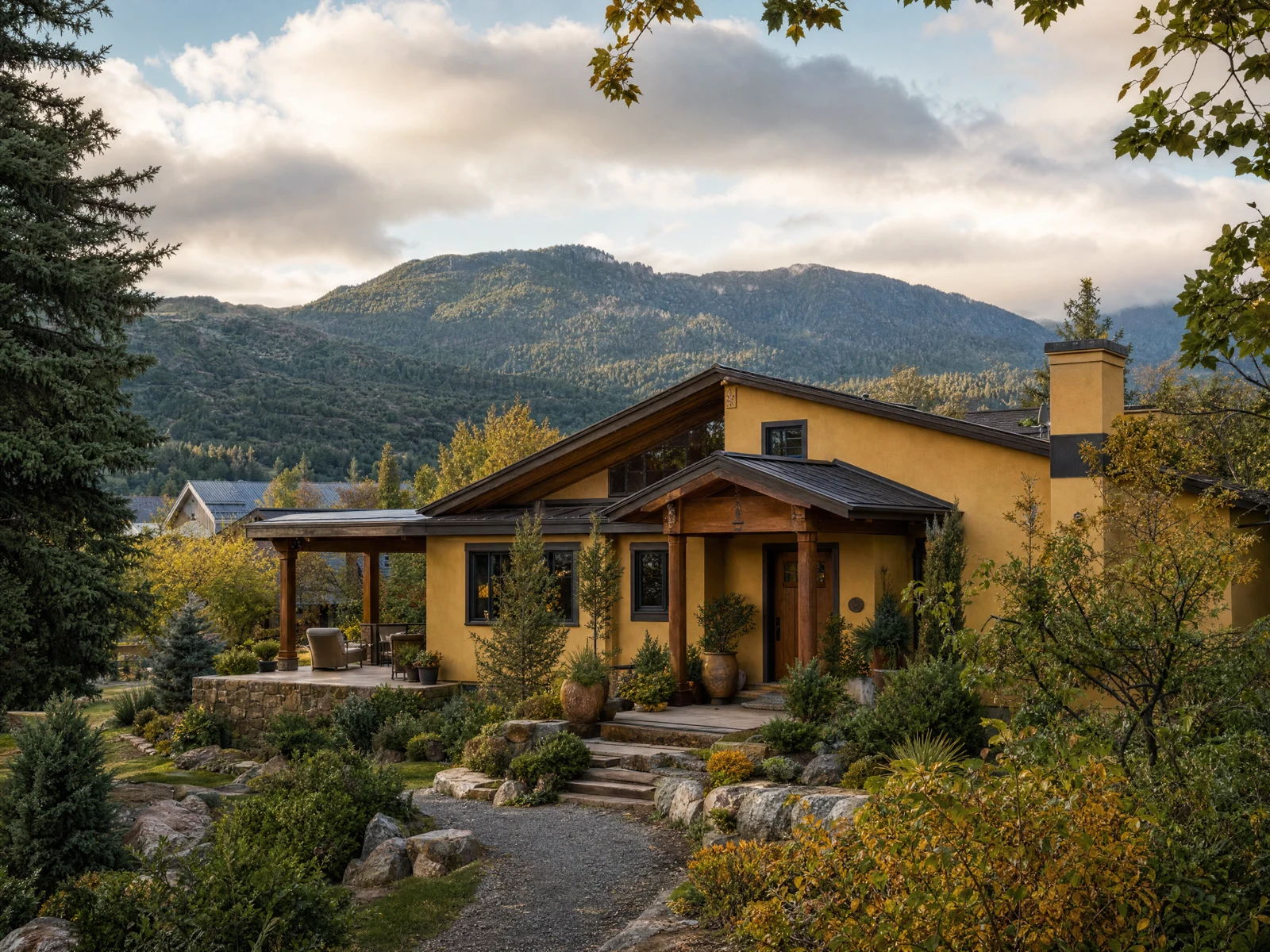 Illustrative alpine foothills and a Northwest home